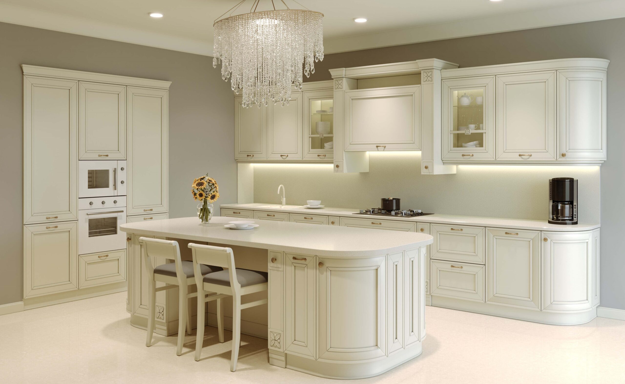 before img A set of kitchen aprons made of stone. Pastel kitchen with island and chandelier. 3D rendering.